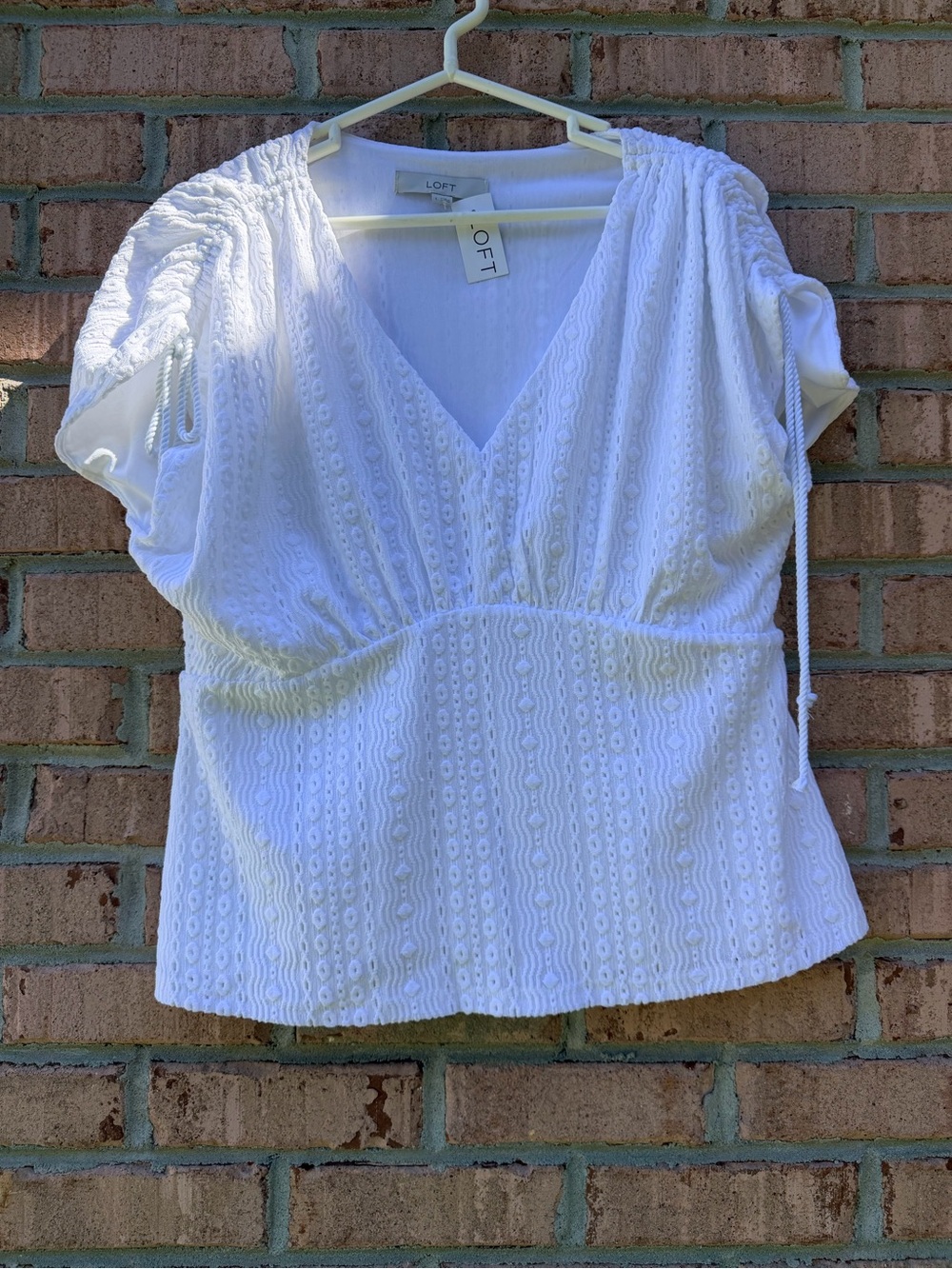 LOFT White Eyelet V-Neck Tie-Sleeve Blouse
